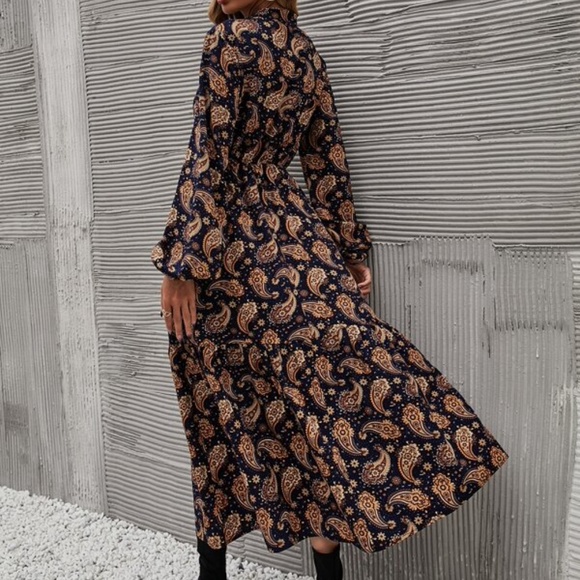 Bohemian Black Paisley Print Ruffle Midi Dress Cottagecore - Picture 4 of 9